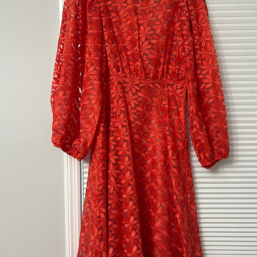 Zara S-M Bright Orange Coral embroidered midi dress - Picture 2 of 4